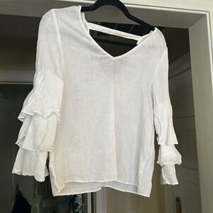 Zara Basic‎ Collection Ruffle Sleeve V Neck Blouse White S Linen